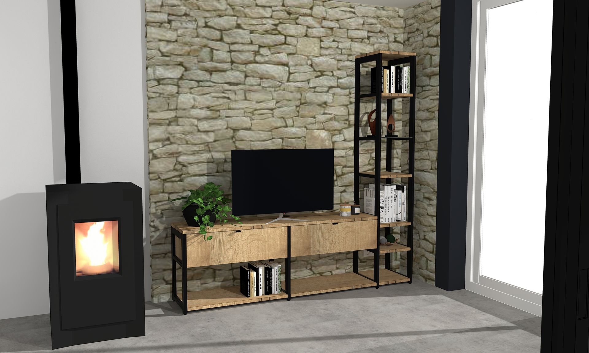 Living TV sur mesure à Nantes avec emplacement TV. Arche métal noir mat et bois