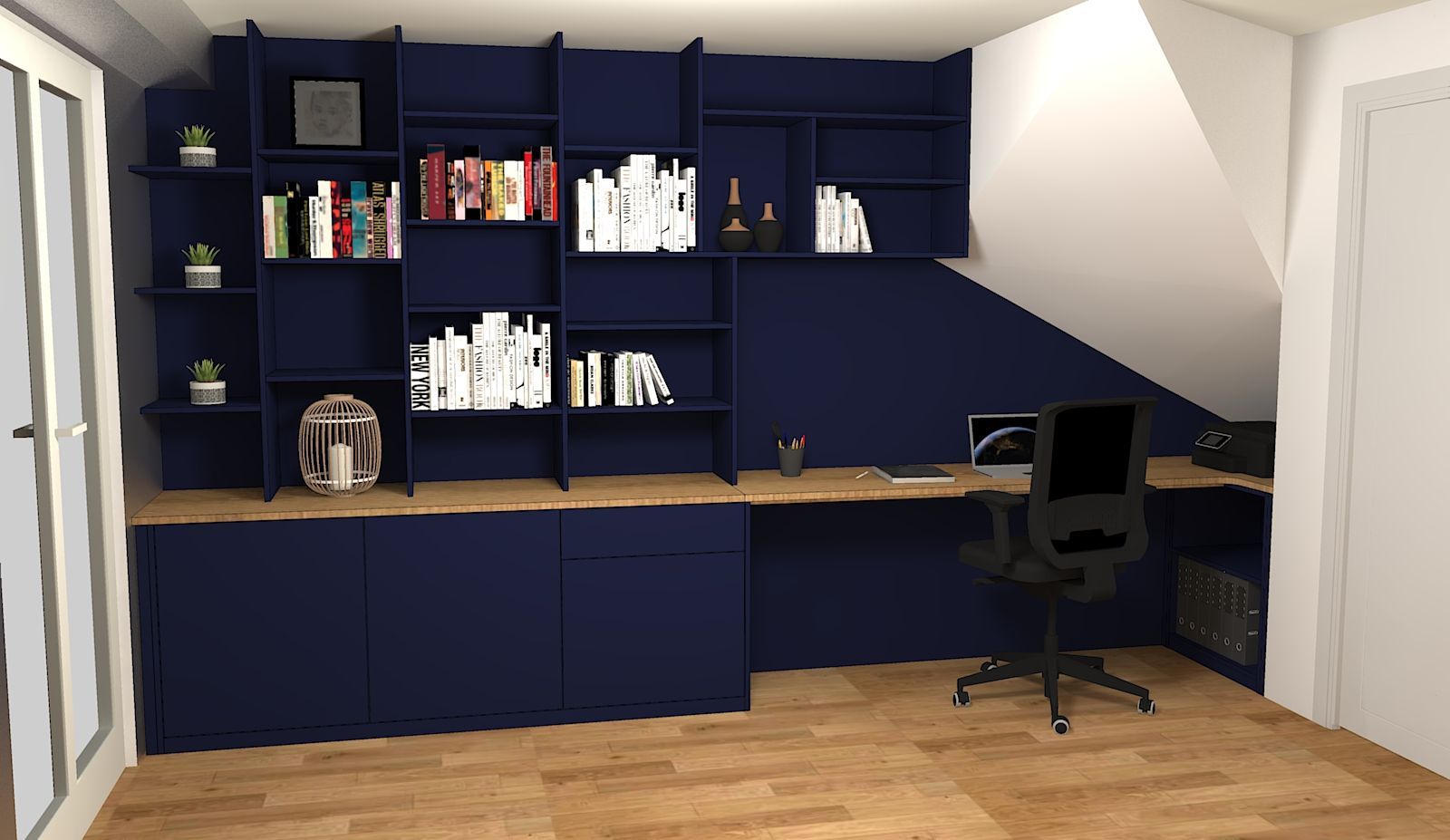 Bureau et bibliothèque sur mesure avec placard et rangement à Nantes.