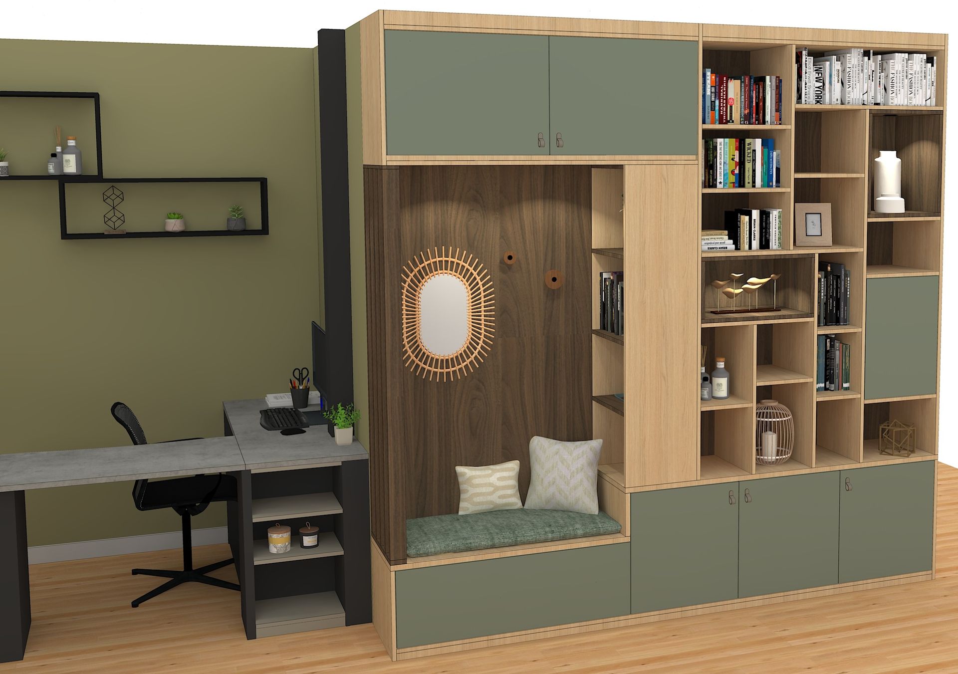 Bibliothèque sur mesure à Nantes avec banquette encastrée et spot LED.