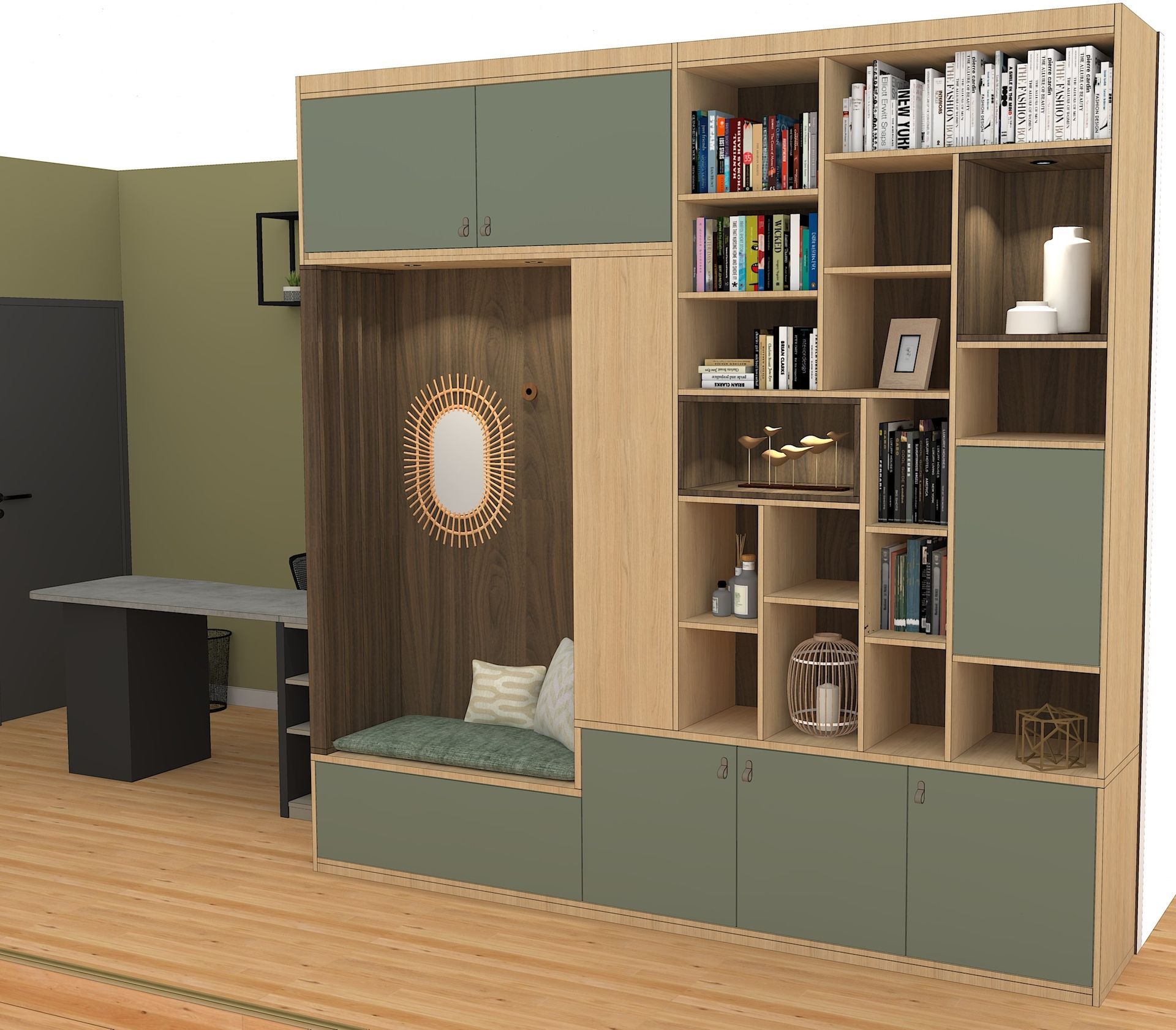 Bibliothèque sur mesure à Nantes avec banquette encastrée et spot LED.