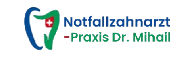 Logo für Notfallzahnarzt – Praxis Dr. Mihail mit Zahnsymbol in Türkis, Grün und Rot