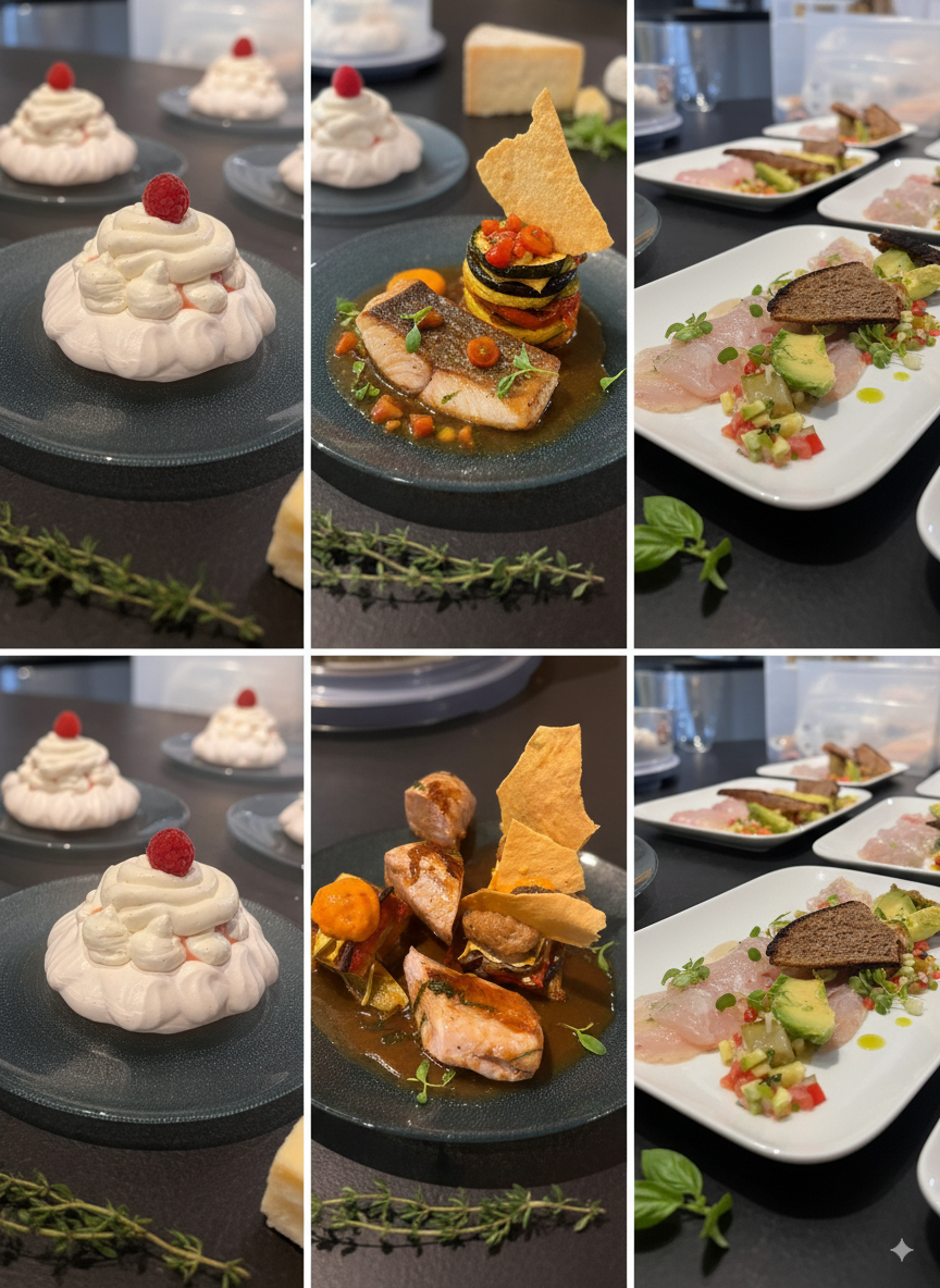 Collage de six plats : desserts, poissons aux légumes et fruits de mer à l'avocat, le tout dans des assiettes.