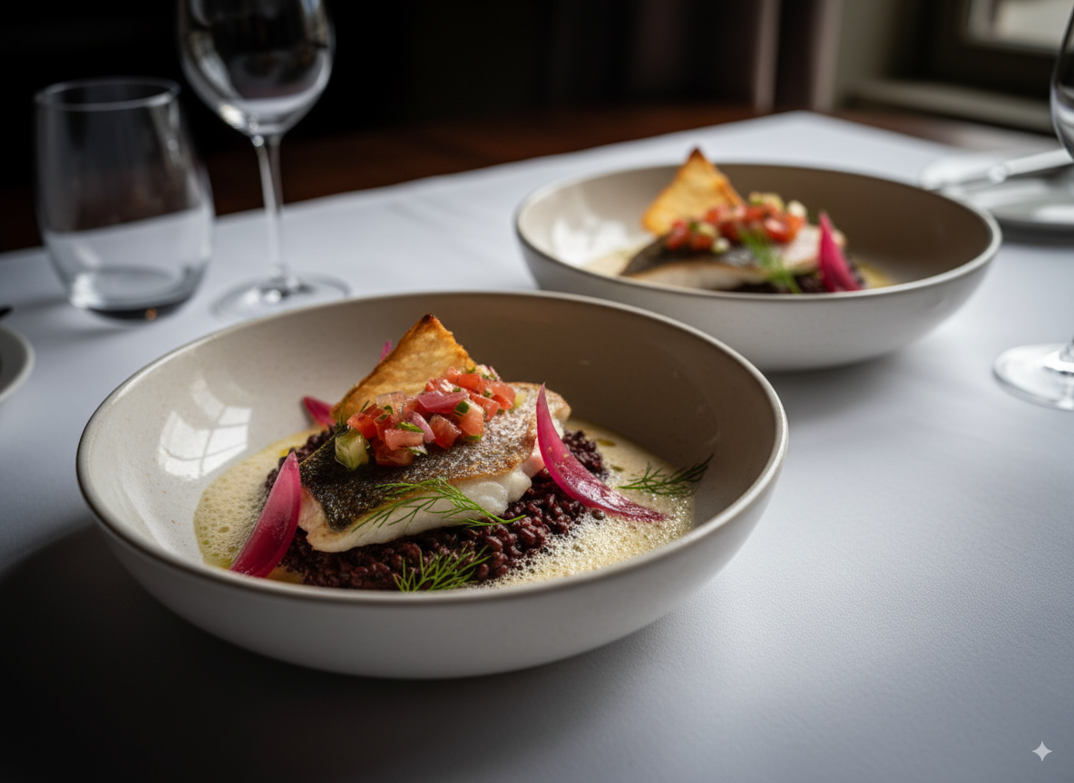 Deux assiettes de poisson avec garniture, sur une nappe blanche, près de verres à vin.