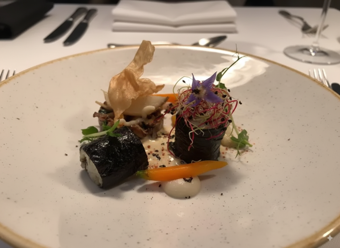 Gros plan d'un plat joliment présenté avec des petits pains noirs, des légumes et une garniture croustillante.