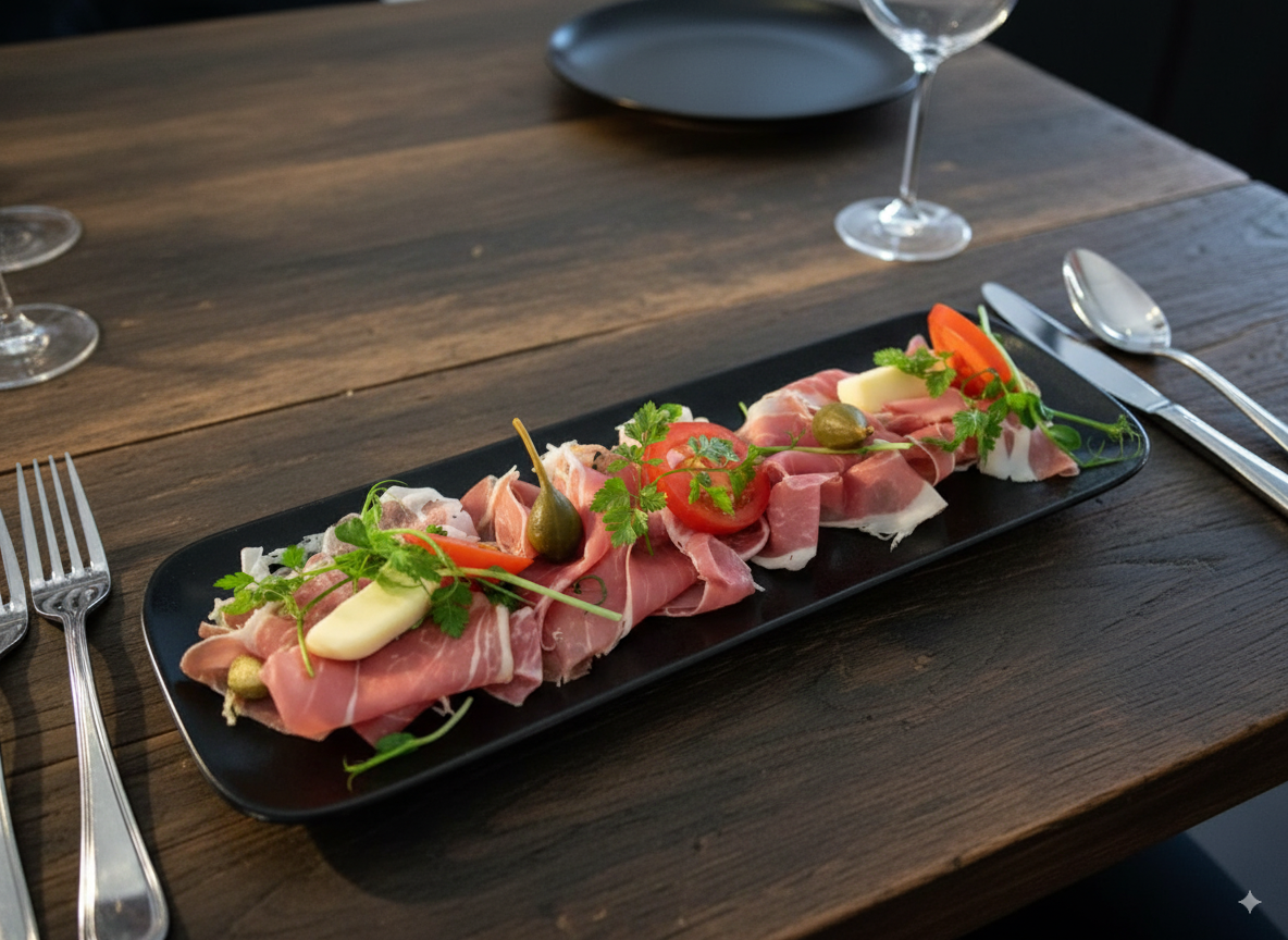 Assiette de jambon de Parme finement tranché garni de tomates et de persil sur une table en bois.