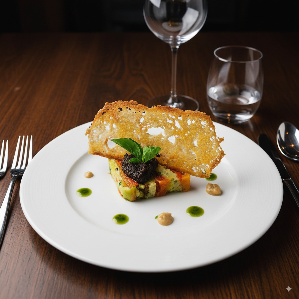 Assiette raffinée avec légumes colorés, garniture frite, points de sauce et un verre à vin.