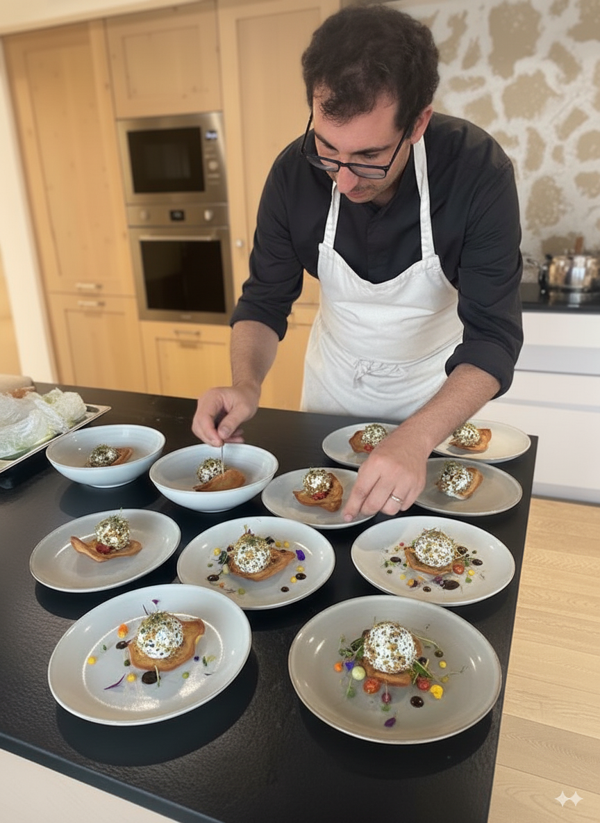 Un homme en tablier prépare des plats dans une cuisine moderne, en disposant les plats sur un plan de travail noir.