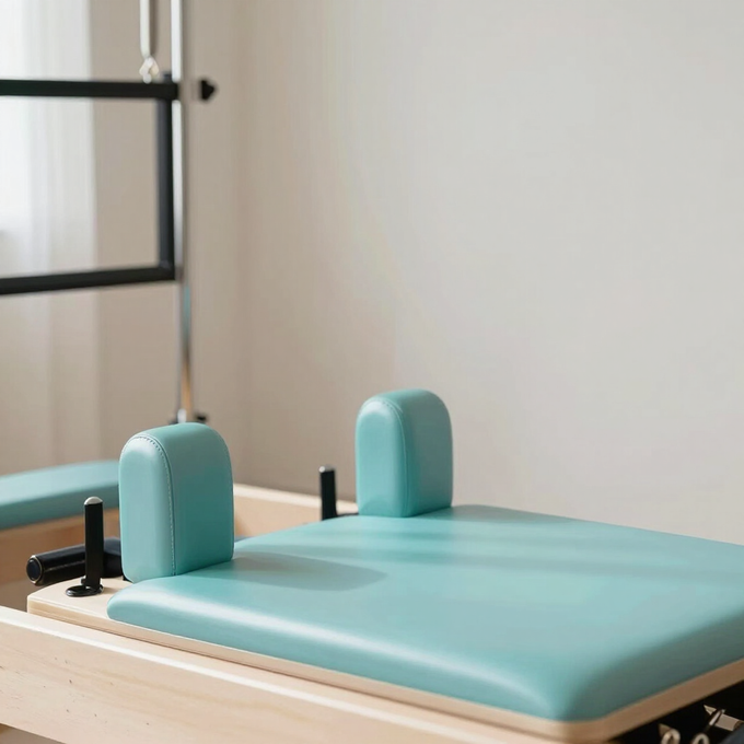 Mesa de ejercicios color turquesa con reposacabezas acolchados en una luminosa sala de consulta.