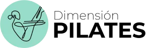 Logotipo de Dimensión Pilates con un círculo verde menta y un dibujo lineal negro de una persona haciendo ejercicio en una máquina reformer.