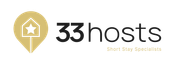 Logotipo da 33hosts com ícone de alfinete dourado e texto preto, com o slogan “Short Stay Specialists” abaixo.
