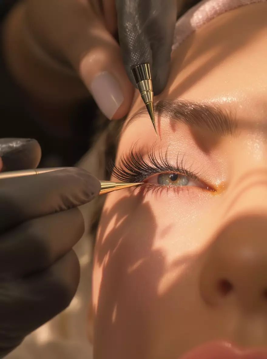 Primer plano del ojo con extensiones de pestañas aplicadas con herramientas con punta de oro.