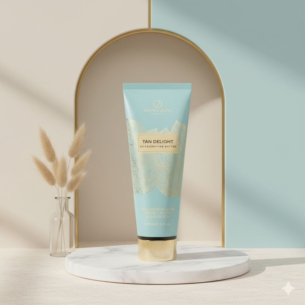 Un tubo azul claro de un producto para el cuidado de la piel reposa sobre una base circular de mármol