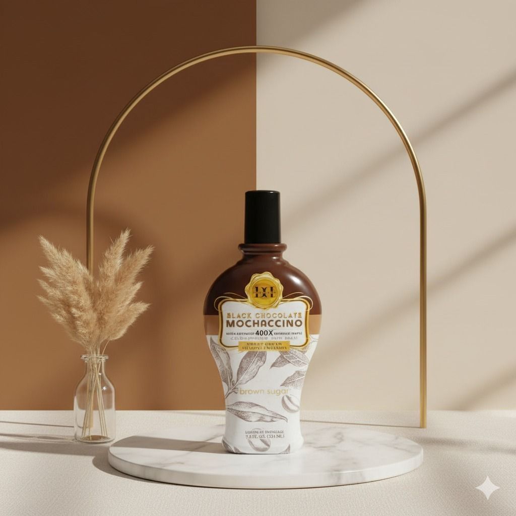 Una botella de loción bronceadora Black Chocolate Moccaccino sobre un pedestal de mármol blanco con un pequeño jarrón