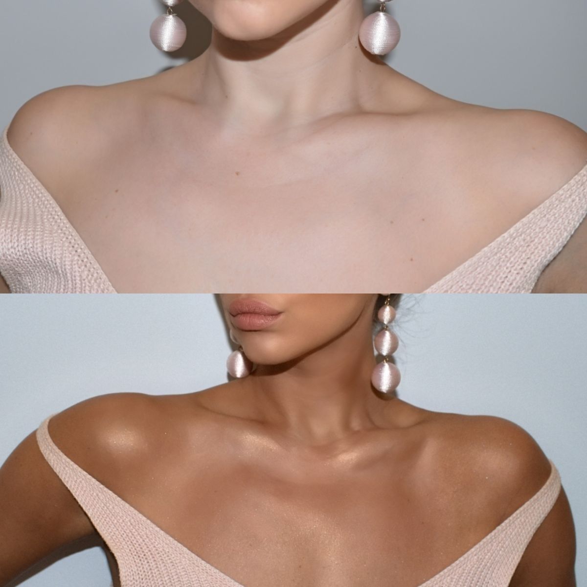 Una comparación en pantalla dividida que muestra la piel pálida arriba y la piel bronceada y radiante abajo