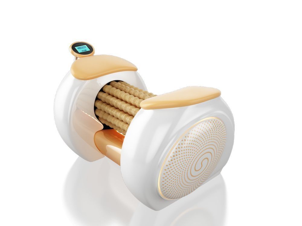 maquina de maderoterapia, donde se ve una pantalla y un rodillo grande.