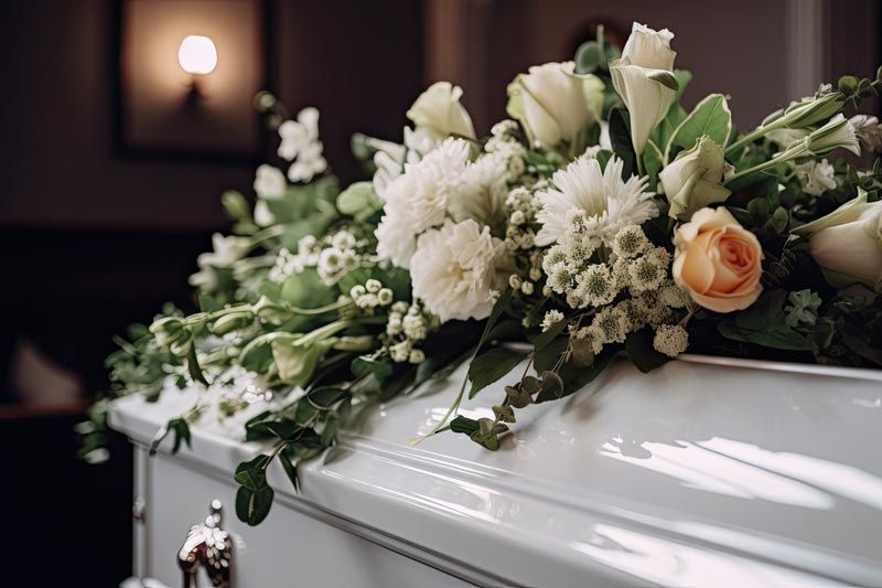Cercueil blanc décoré de fleurs
