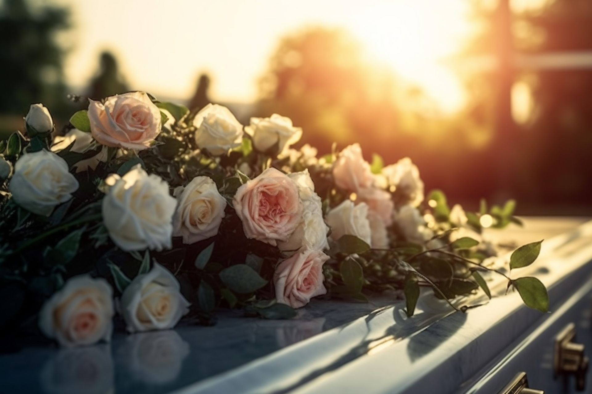 Cercueil décoré de roses blanches, à l'aurore