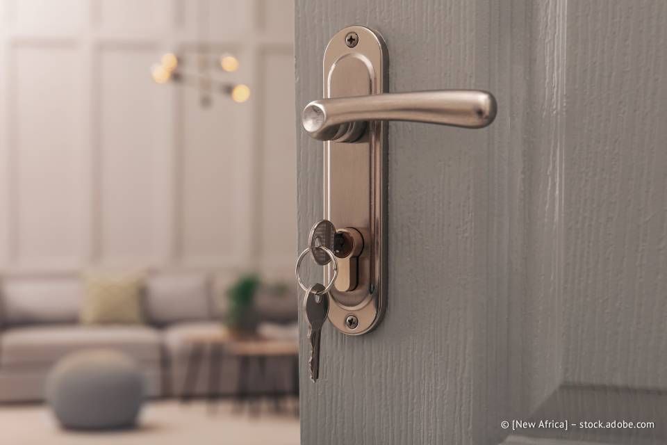 Die Hand einer Person öffnet mit einem Autoschlüssel eine schwarze Autotür.