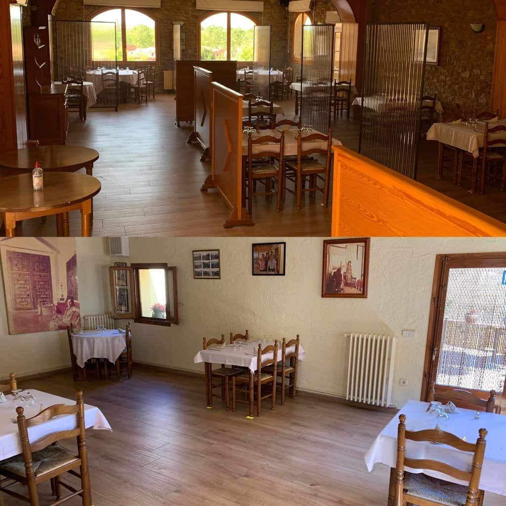Dues imatges d'un restaurant amb taules i cadires