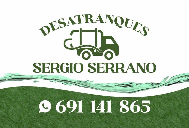 Logotipo de Desatranques Sergio Serrano con un icono verde de cami&oacute;n de remolque y el n&uacute;mero de WhatsApp 691 141 865