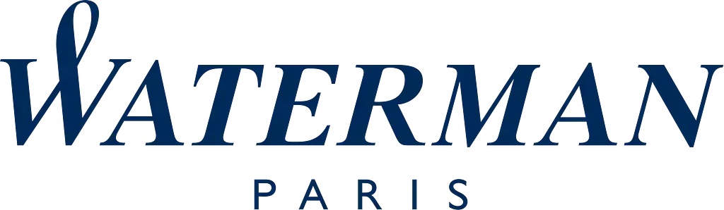 El logotipo de Waterman Paris es azul y blanco sobre un fondo blanco.