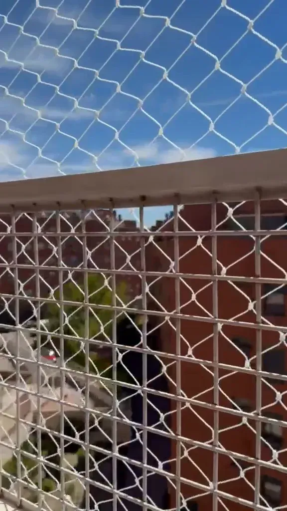 Una valla de tela metálica contra un cielo azul, con edificios de ladrillo y una persona de pie en un tejado al fondo.