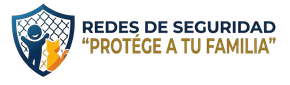 Logo de escudo azul con personas y texto &ldquo;Redes de Seguridad: Protege a tu familia&rdquo; en azul y dorado