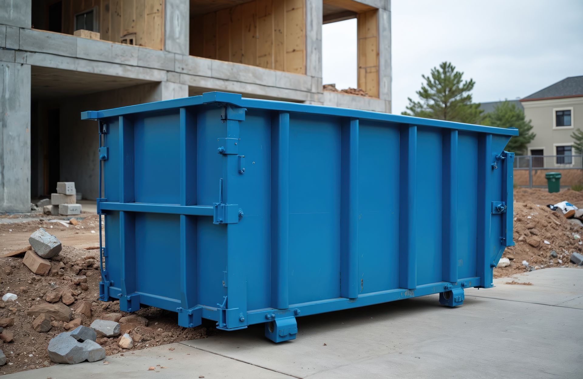 Conteneur à gravats bleu devant un bâtiment inachevé dans une rue jonchée de décombres.