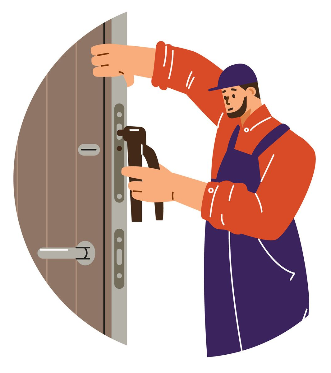 Cerrajero reparando una cerradura de puerta con herramientas, vistiendo una camisa roja y un mono azul.