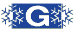 Blaues Rechteck mit dem Buchstaben „G“ und schneeflockenähnlichen Mustern.