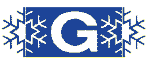 Blaues Rechteck mit weißem „G“ und Schneeflockendesign.
