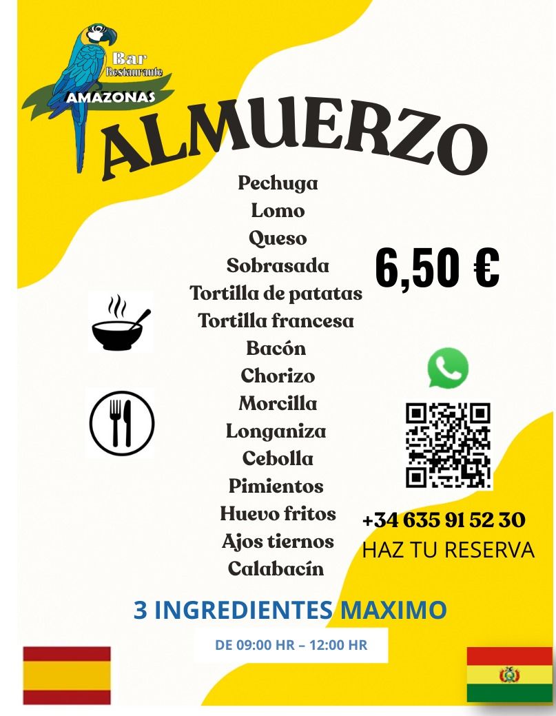 Menú del restaurante Amazonai con opciones de entradas, platos principales y bebidas; información de reservas.