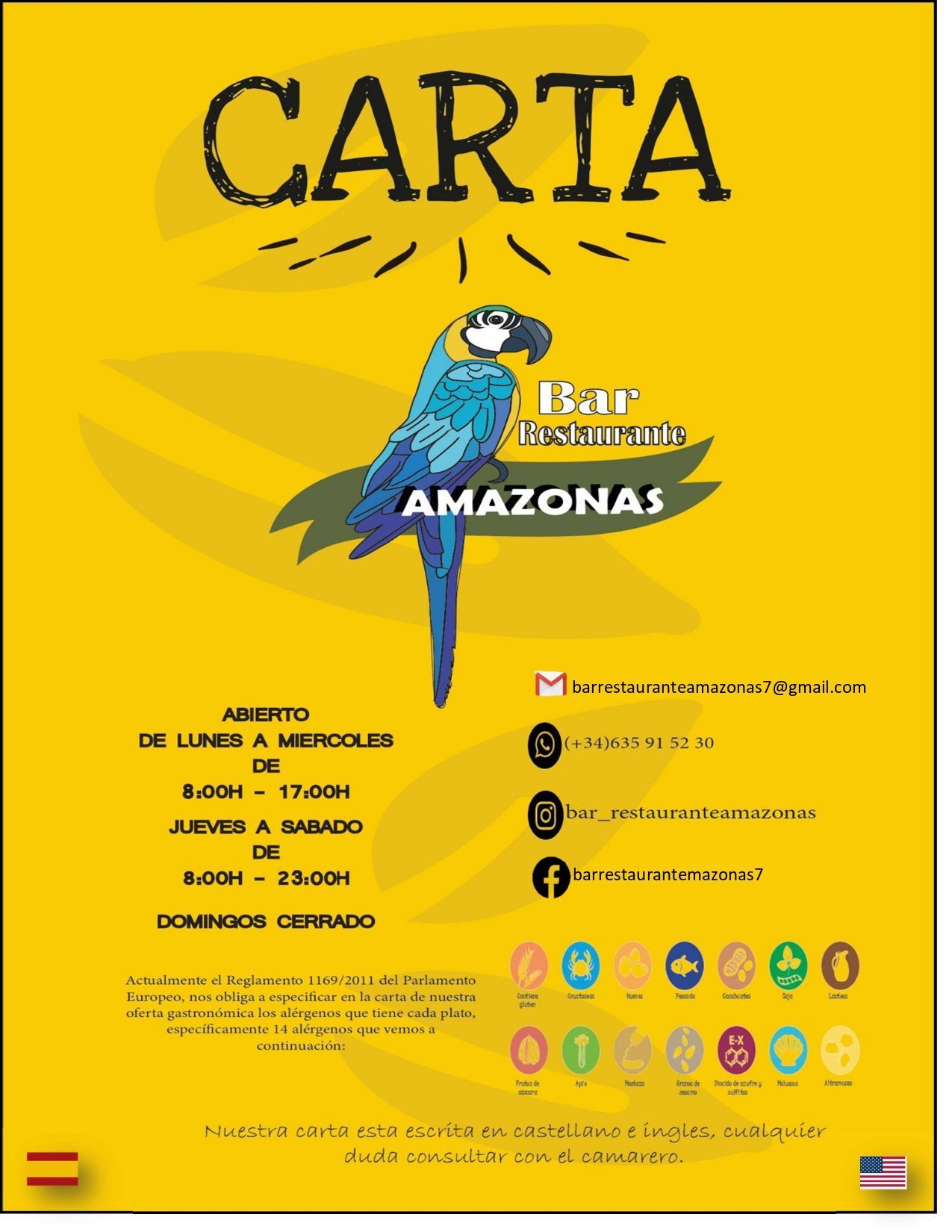 Menú del restaurante Amazonai con opciones de entradas, platos principales y bebidas; información de reservas.