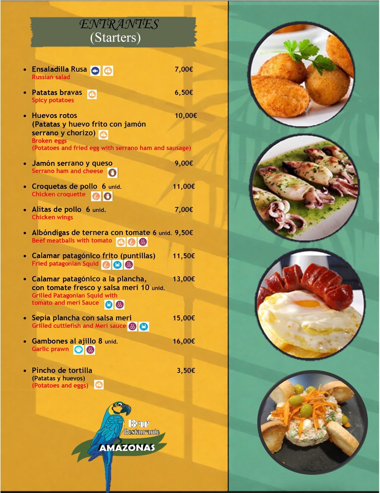 Menú del restaurante Amazonai con opciones de entradas, platos principales y bebidas; información de reservas.