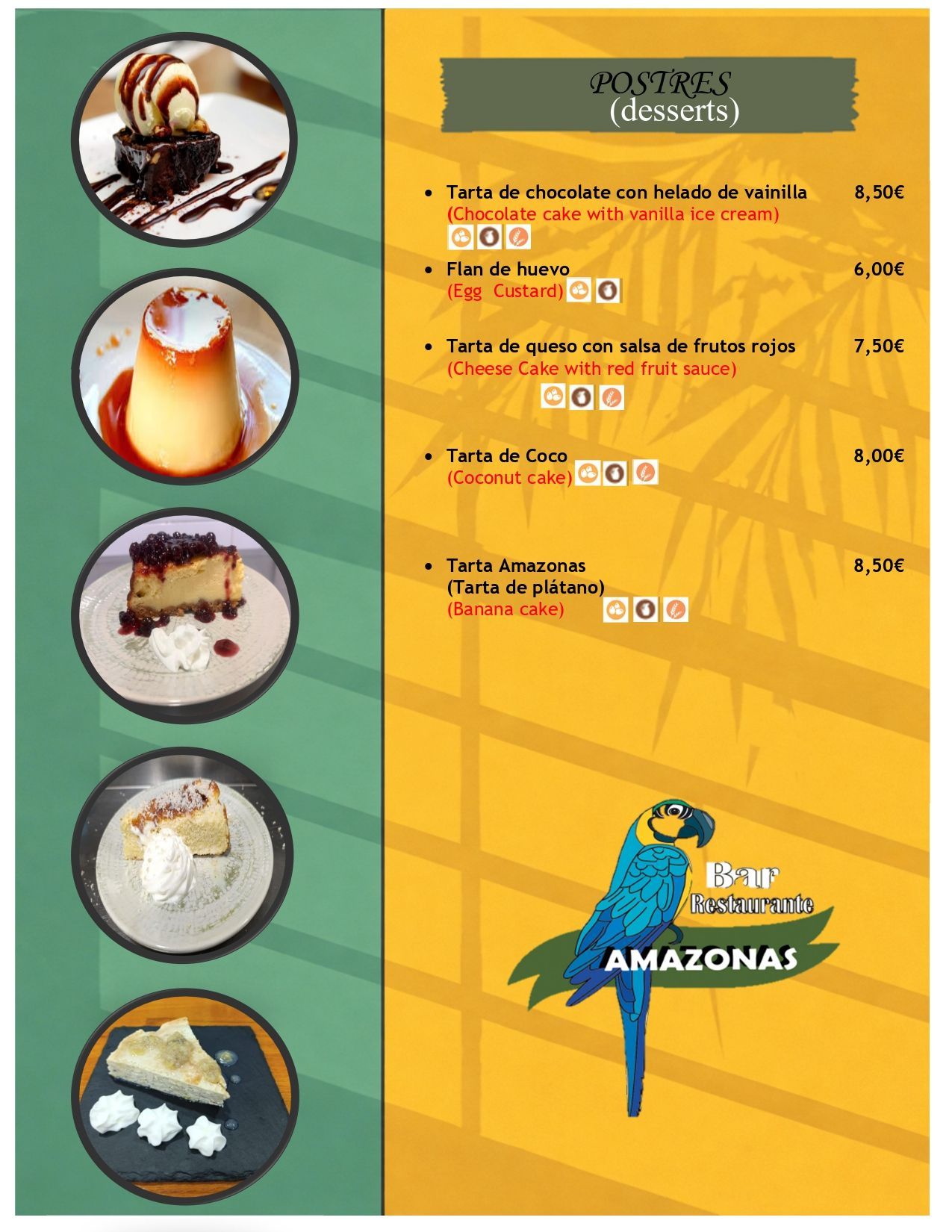 Menú del restaurante Amazonai con opciones de entradas, platos principales y bebidas; información de reservas.