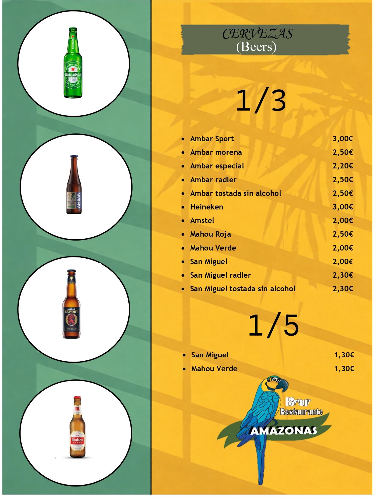 Menú del restaurante Amazonai con opciones de entradas, platos principales y bebidas; información de reservas.