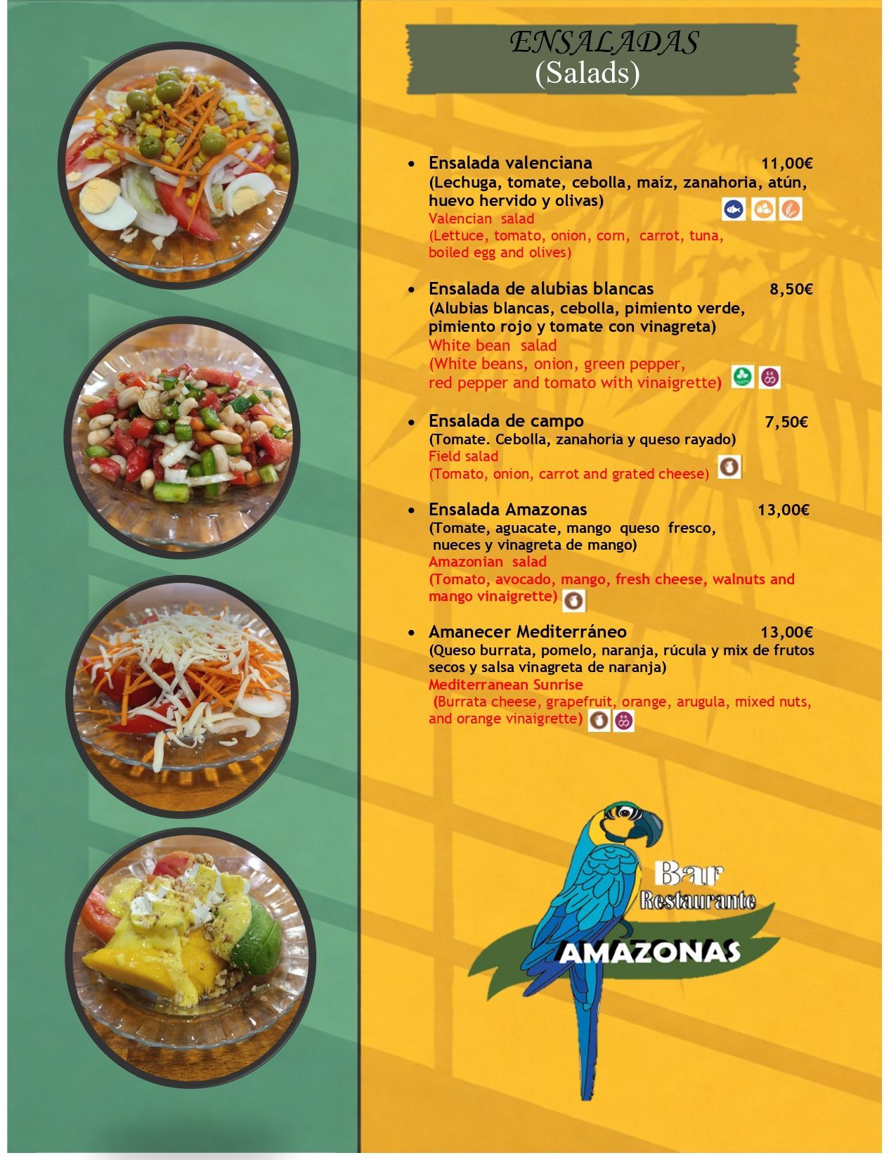 Menú del restaurante Amazonai con opciones de entradas, platos principales y bebidas; información de reservas.