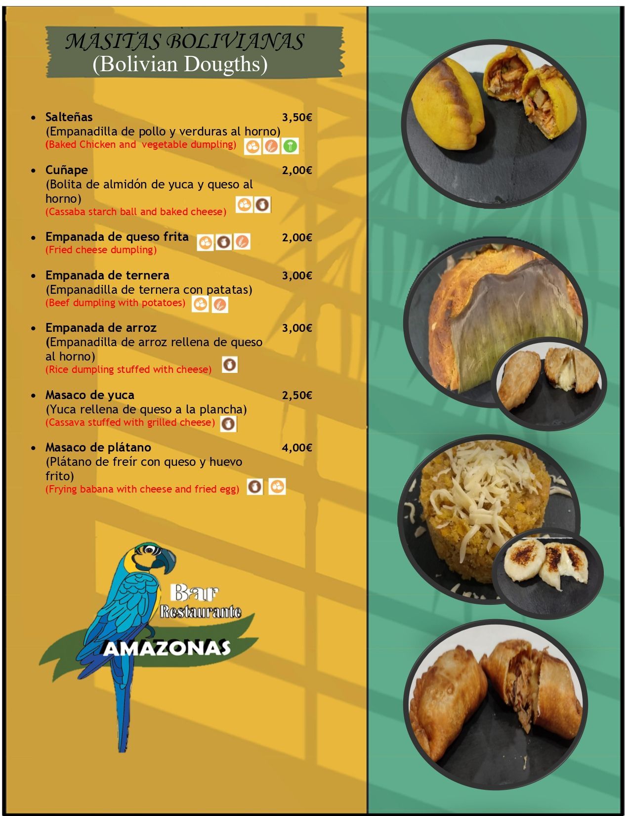 Menú del restaurante Amazonai con opciones de entradas, platos principales y bebidas; información de reservas.