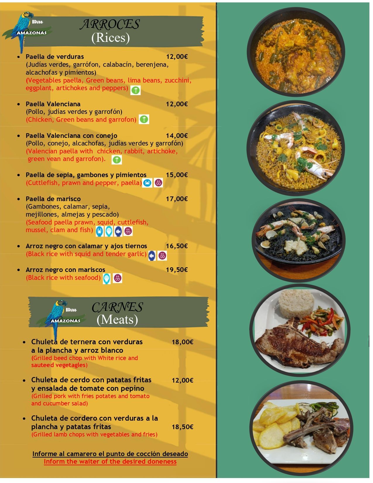 Menú del restaurante Amazonai con opciones de entradas, platos principales y bebidas; información de reservas.