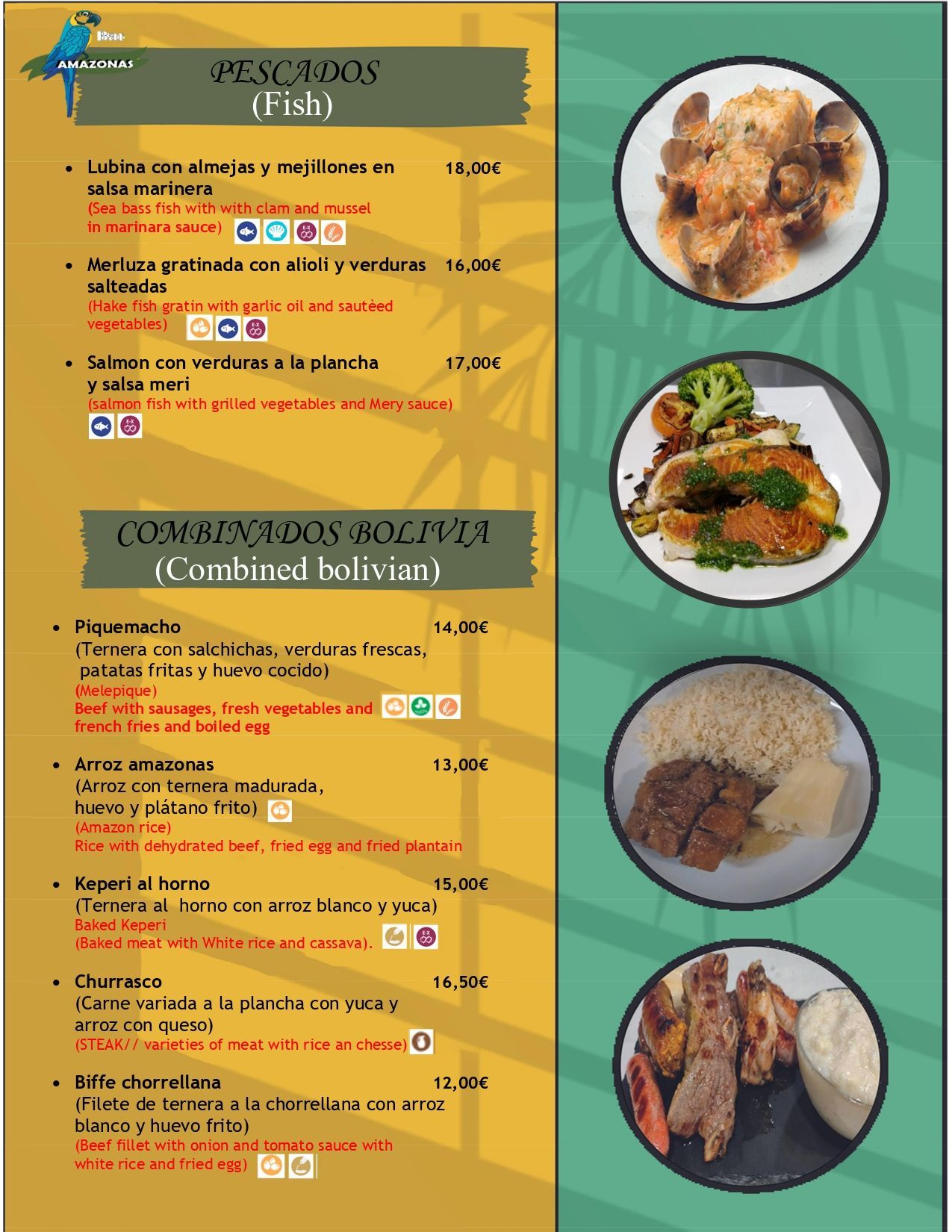 Menú del restaurante Amazonai con opciones de entradas, platos principales y bebidas; información de reservas.