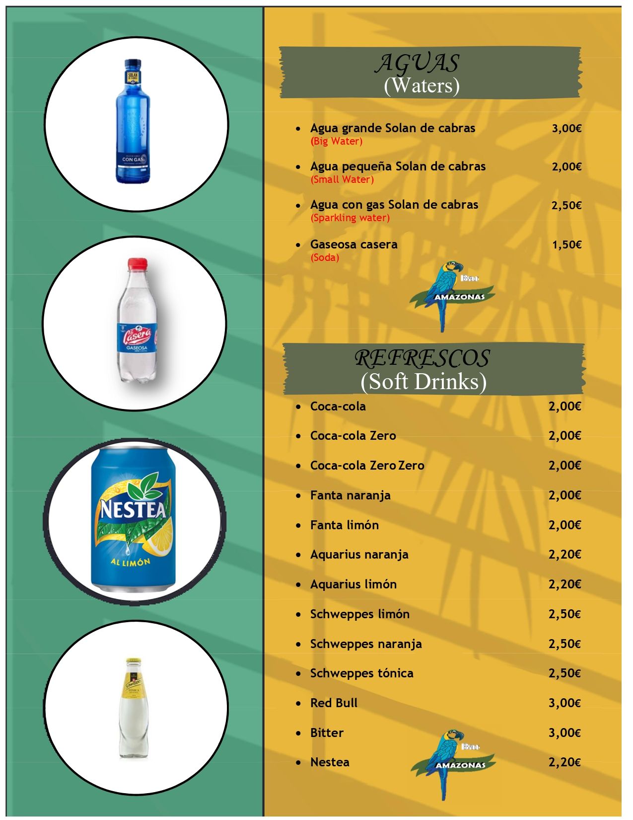 Menú del restaurante Amazonai con opciones de entradas, platos principales y bebidas; información de reservas.