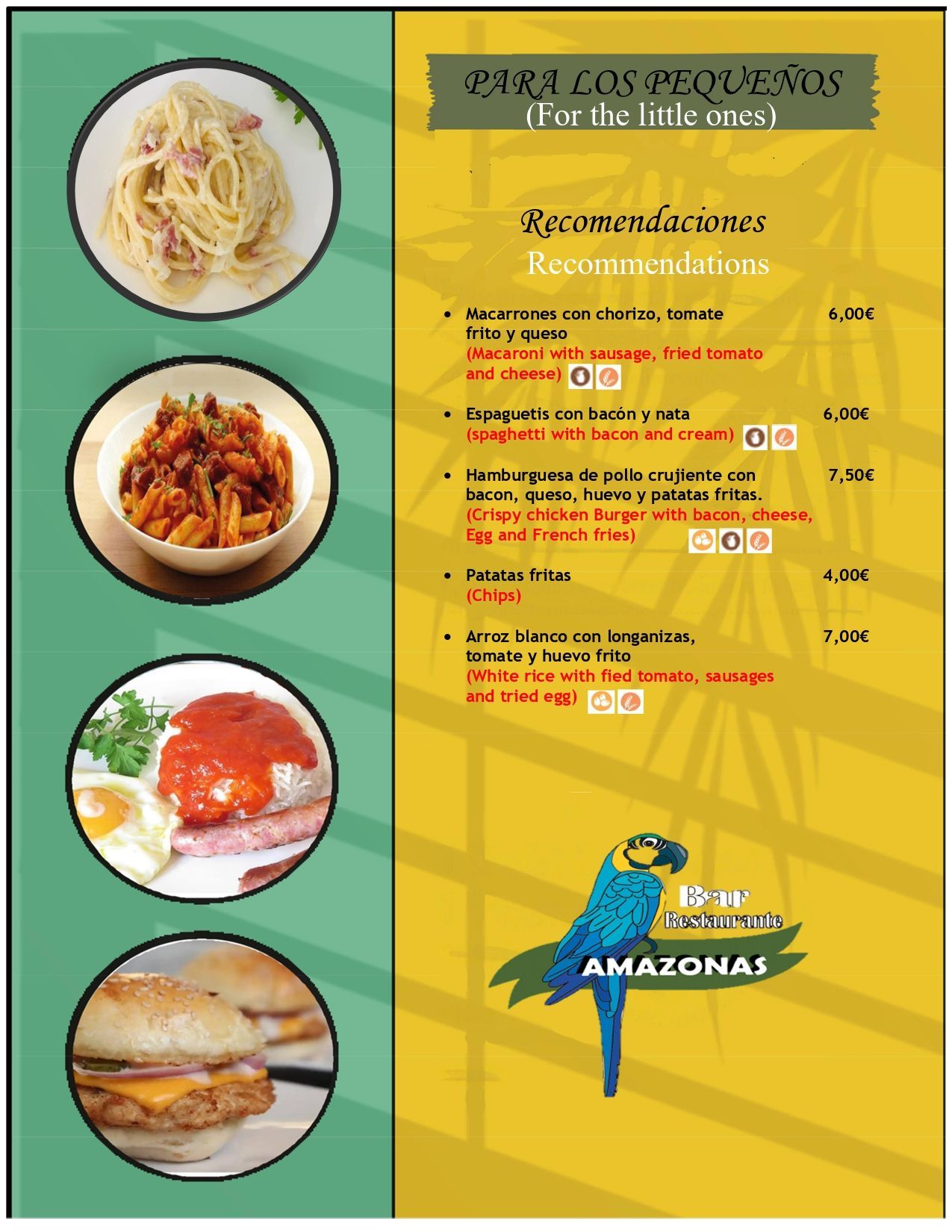 Menú del restaurante Amazonai con opciones de entradas, platos principales y bebidas; información de reservas.