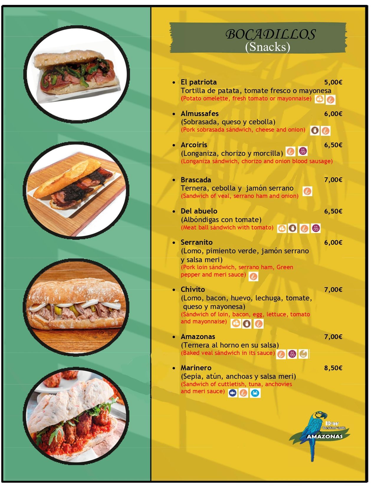 Menú del restaurante Amazonai con opciones de entradas, platos principales y bebidas; información de reservas.