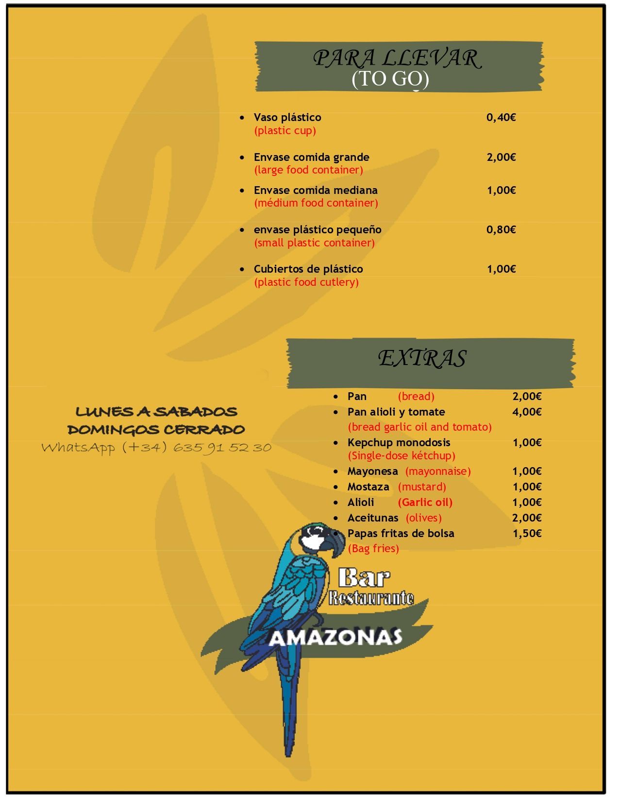 Menú del restaurante Amazonai con opciones de entradas, platos principales y bebidas; información de reservas.