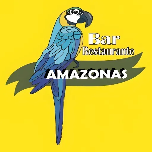 Guacamayo azul y amarillo posado en una cinta, logotipo del bar y restaurante "Amazonas" sobre fondo amarillo.