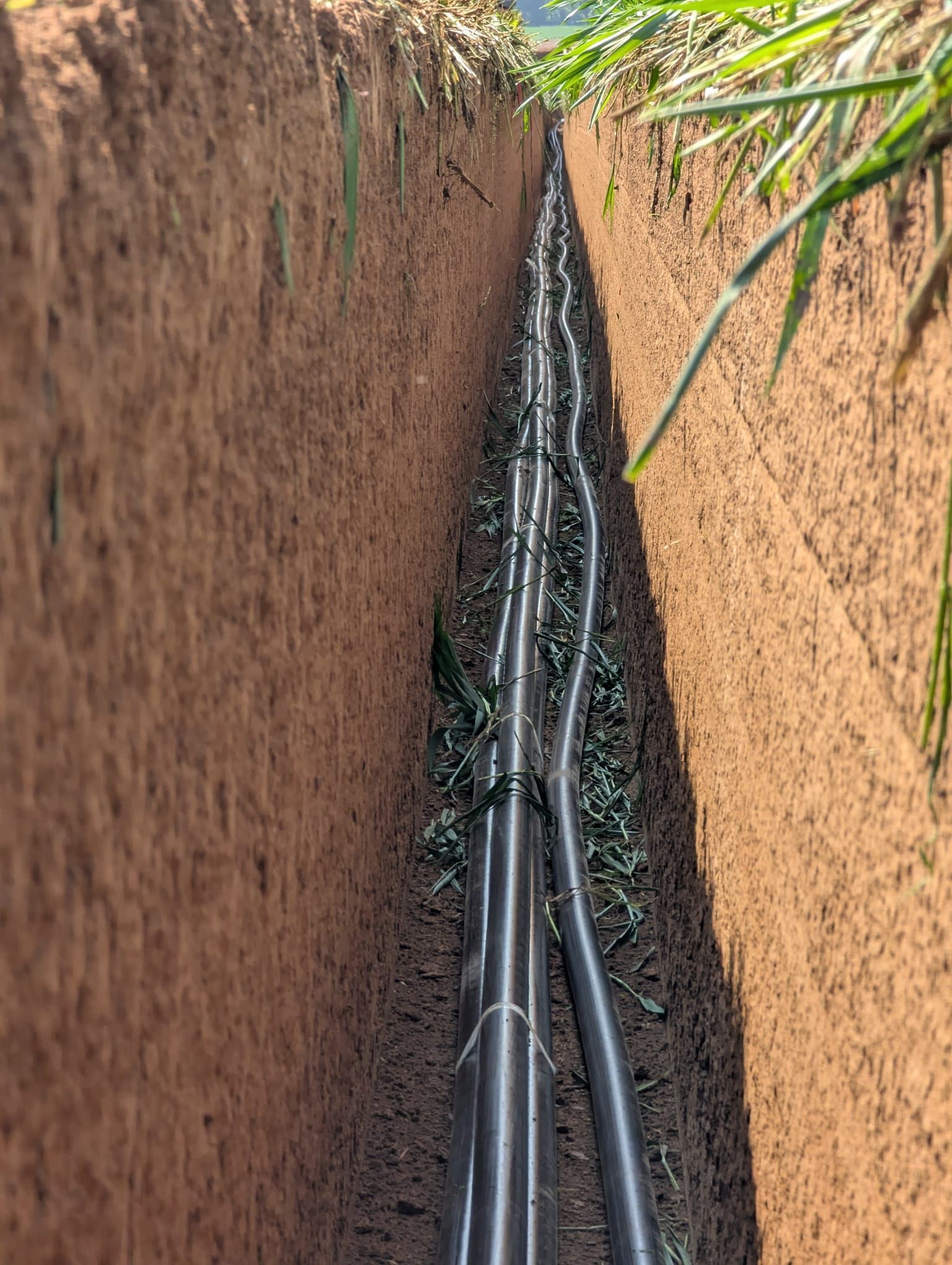 Ein Graben im Boden, aus dem ein Haufen Drähte herauskommt.