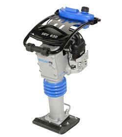 Auf einer weißen Oberfläche steht ein Vibrationsverdichter.