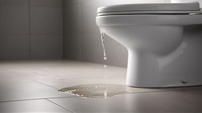 Ein Klempner in blauer Arbeitshose kniet mit einem Schraubenschlüssel in der Hand vor einem Waschbecken im Badezimmer, um dessen Abflussrohr zu reparieren.