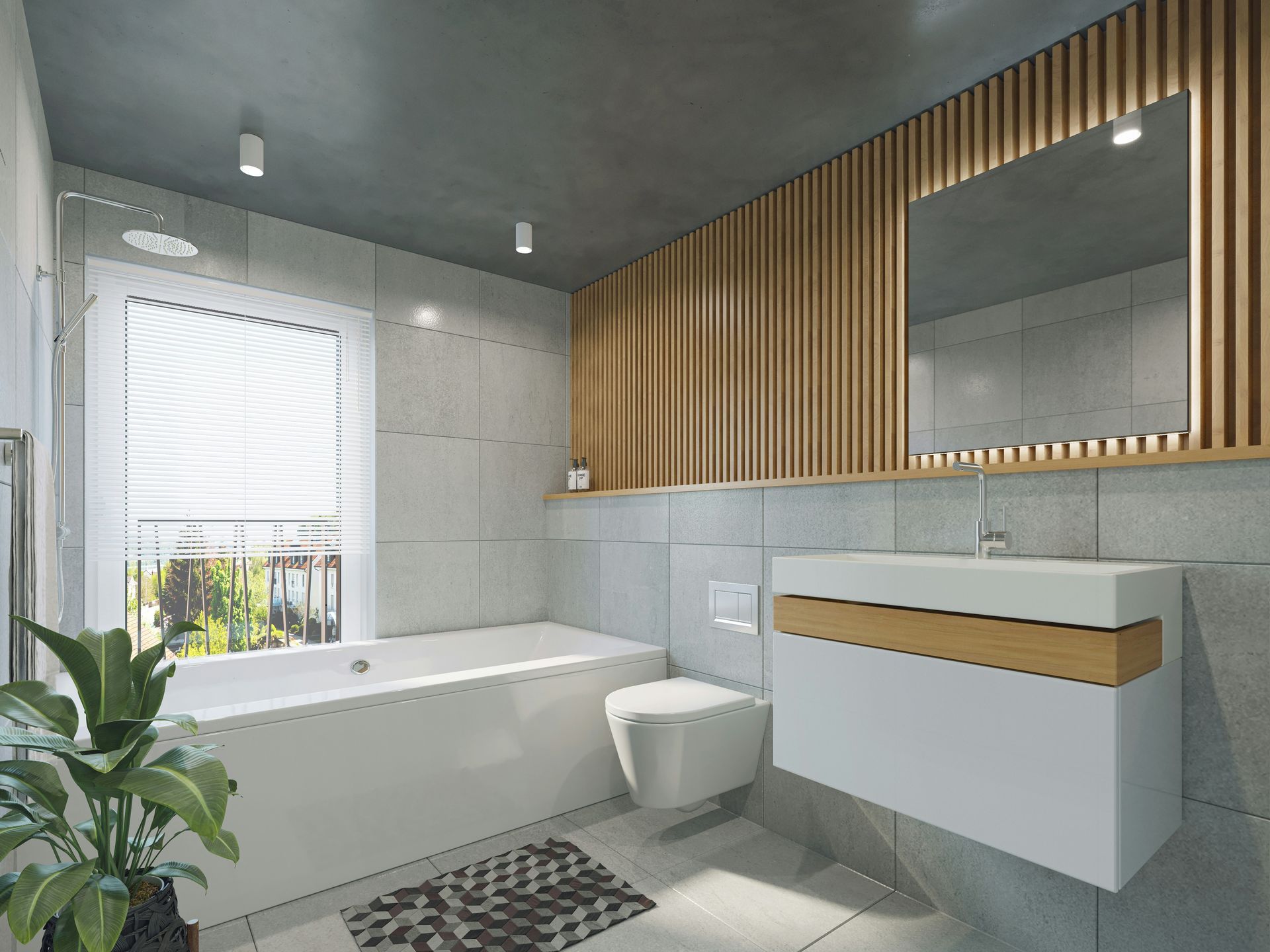 Ein im Bau befindliches Badezimmer mit gefliester Badewanne, grauen Fussböden und unfertigen grünen Gipskartonwänden.