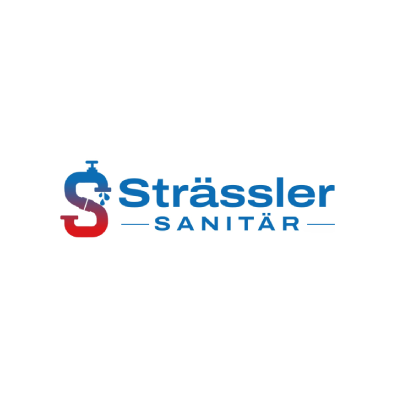 Ein blau-rotes Logo für Strässler Sanitär, das ein „S“ in Form eines Wasserhahns mit einem Wassertropfen zeigt.